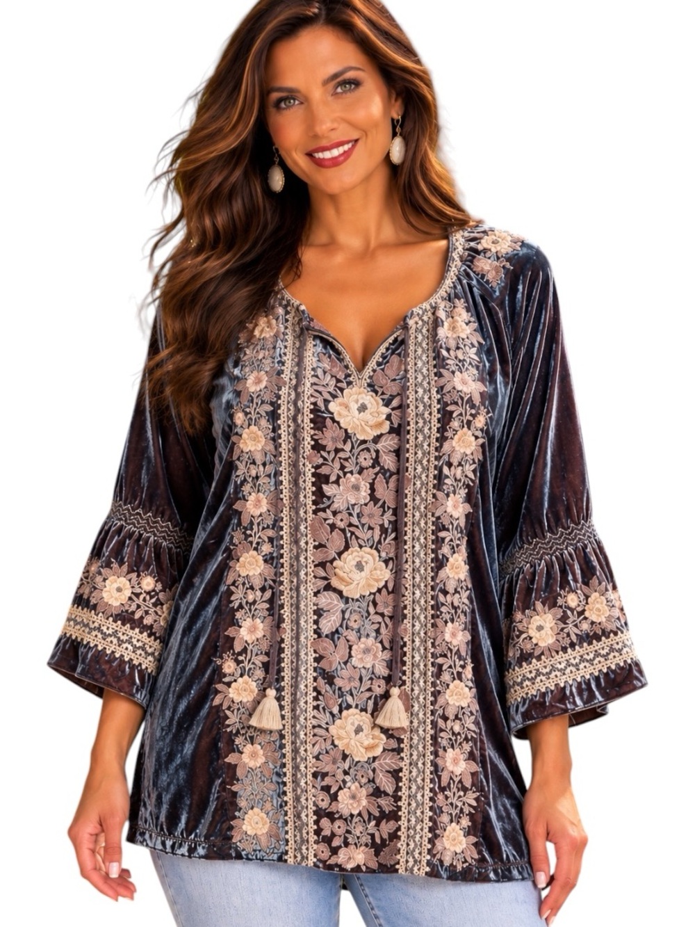 Johnny Was heavily embroidered Marushka Velvet Fare Silk-Blend Blouse NWT